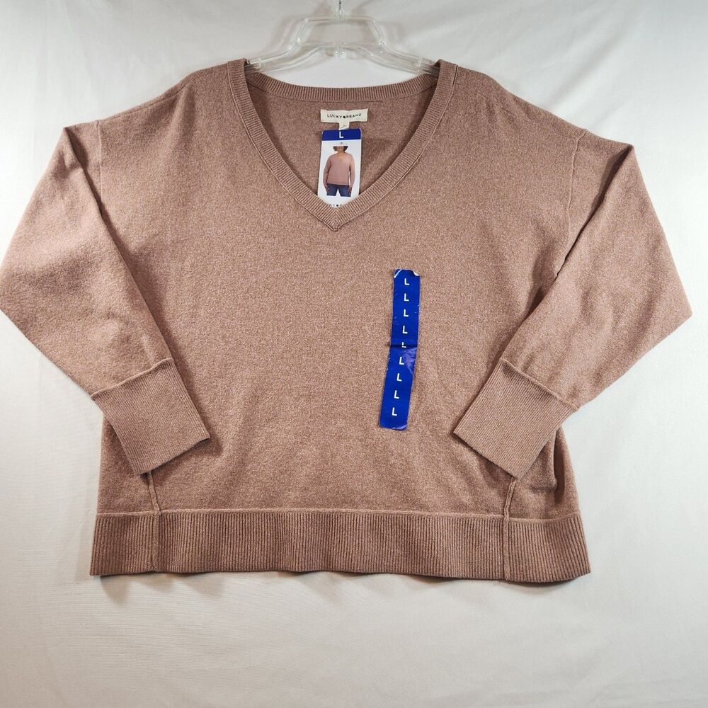 Lucky Brand Womens Sweater Size Large Pink Cognac V-Neck Long Sleeve Soft NWT